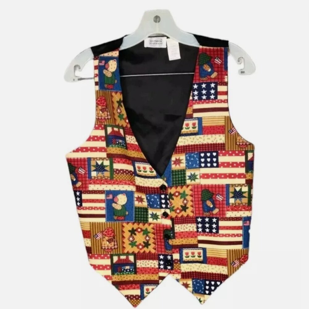 90's Vintage Sostanza Vest Size Small Medium Patchwork Flag USA Patriotic 4th
